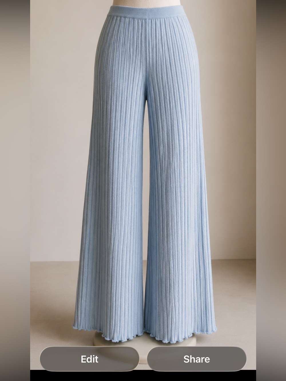 Blue Ribbed Wide-Leg Knit Pants